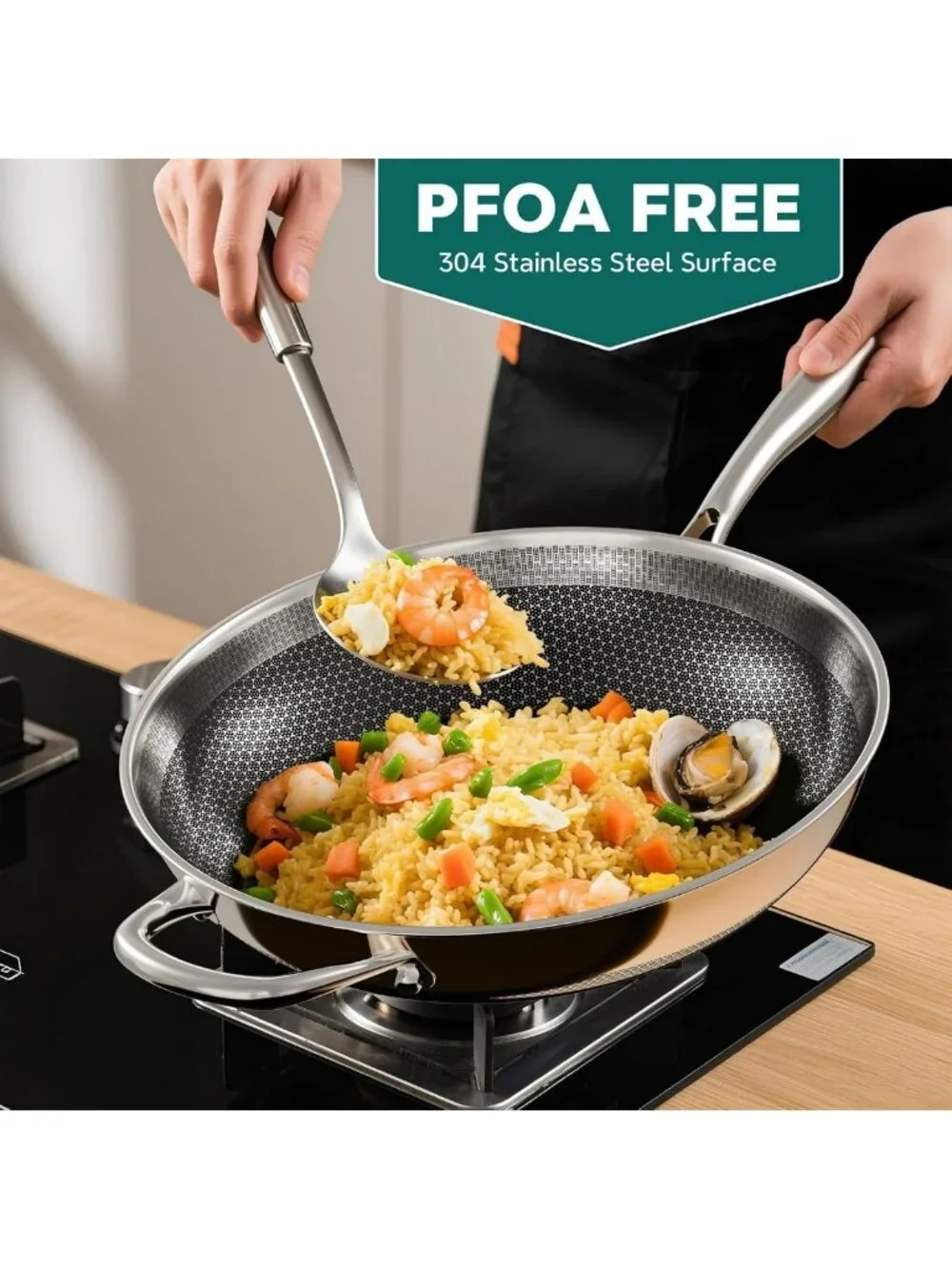 13-Inch Nonstick Stainless Steel Wok Pan with Lid for All Stoves, PFOA Free